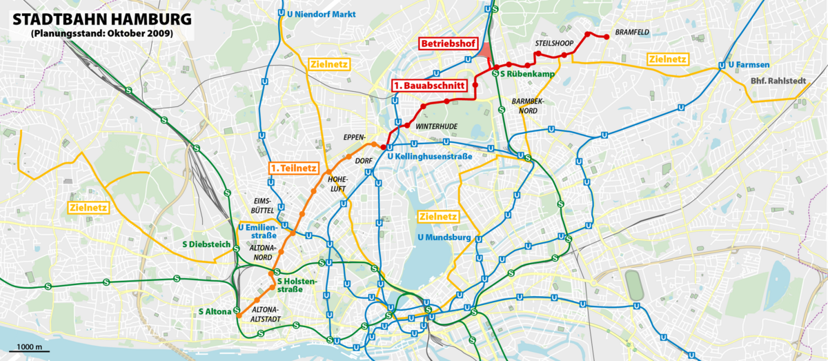 Das Bild zeigt eine Stadtkarte von Hamburg, in der die 2009 geplanten Fahrstrecken der angestrebten Straßenbahn bzw. Stadtbahn eingezeichnet sind. Beim Regierungswechsel 2010 wurden die Pläne verworfen, weshalb es bis heute keine Stadtbahn in Hamburg gibt.
